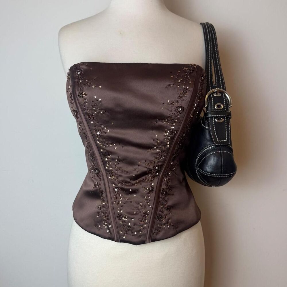 New Image Vintage y2k brown corset top with embroidered rhinestone - Picture 2 of 5